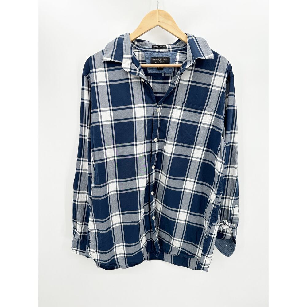 Banana Republic Standard Fit Black White Plaid Button Up Shirt Mens Large L